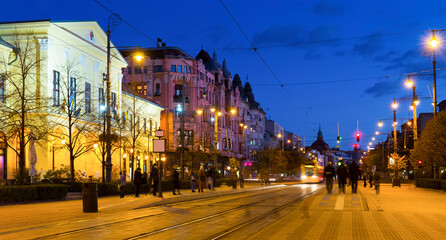 Fototapeta na wymiar Twilight image with Debrecen streets with impressive architecture, Hungary