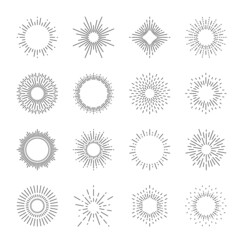 Starburst and sunburst vector vintage light rays of sun or star, fireworks or sparks. Isolated radial sunshine and bursting star sparkles, starburst and sunburst in circle and diamond shapes