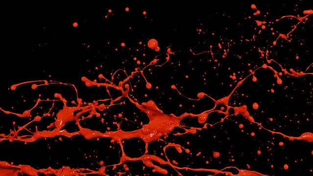 Red liquid splashes, swirl and waves with scatter drops. Royalty high-quality free stock of paint, oil or ink splashing dynamic motion, design elements for advertising isolated on black background