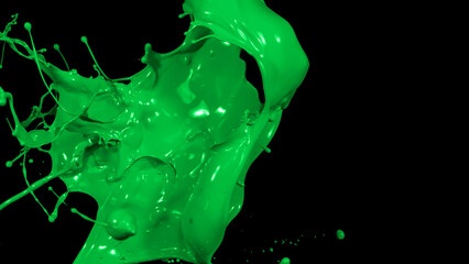 Green liquid splashes, swirl and waves with scatter drops. Royalty high-quality free stock of paint, oil or ink splashing dynamic motion, design elements for advertising isolated on black background