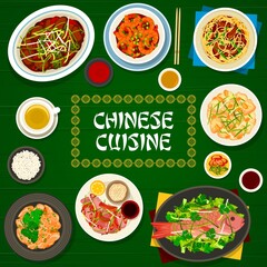 Chinese cuisine food of vector Asian restaurant menu cover. Rice, vegetable, seafood and meat dishes, chow mein noodles with cashew and ginger chicken, chilli prawn, spicy duck, fish and beef