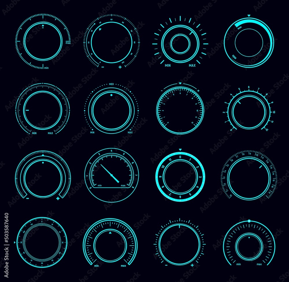 Aufkleber HUD dial interface, volume round knob switch and music sound control regulators. Vector head up display digital buttons of Sci Fi or futuristic game UI, sound level knobs with max min scales
