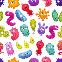 Virus, bacteria, germ and microbe seamless pattern. Vector background of cartoon bacterium and infection cell characters, funny viruses of flu, hiv, covid or influenza, medical backdrop pattern
