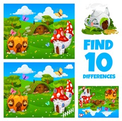 Find ten difference of cartoon dwellings and houses puzzle worksheet. Kindergarten children riddle game, differences matching vector quiz or educational playing activity with difference comparing