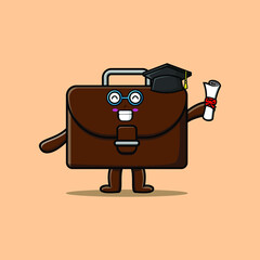 Cute cartoon suitcase student character on graduation day with toga in concept 3d cartoon style