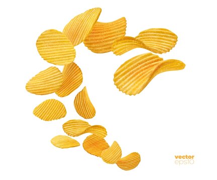 Splash of ripple potato chips, flying snacks for food package. Realistic isolated wavy and ripple ribbed vector potato chips in splash wave for appetizer pack advertising