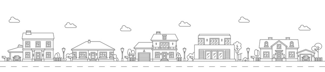 Neighborhood line art cityscape. Town city street with outline buildings. Vector suburban street landscape with village houses and residential homes, linear skyline with row of houses, trees, fences © Vector Tradition