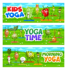 Morning kids yoga cheerful cartoon vegetables on fitness. Vector banners with olive, paprika, champignon, kohlrabi and onion. Potato, chinese cabbage, bean and artichoke, corn or asparagus characters