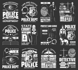 Law and order vector icons, police department, law firm, private detective, state court. Police officer with dog, judge and sheriff badge, cop hat and scale of justice, handcuffs, car monochrome signs - obrazy, fototapety, plakaty