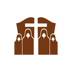 Praying monks, Bible and cross Christian religion vector icon. Christianity catholic crucifix and spirituals prayers brown symbol, faith and religious theme emblem