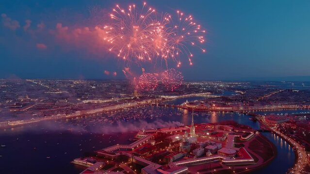 Festive salute over the Peter and Paul Fortress in a significant Victory Day for the country on May 9, improbable quantity of ships observes a show, an eternal flame of memory burns on rostral colons