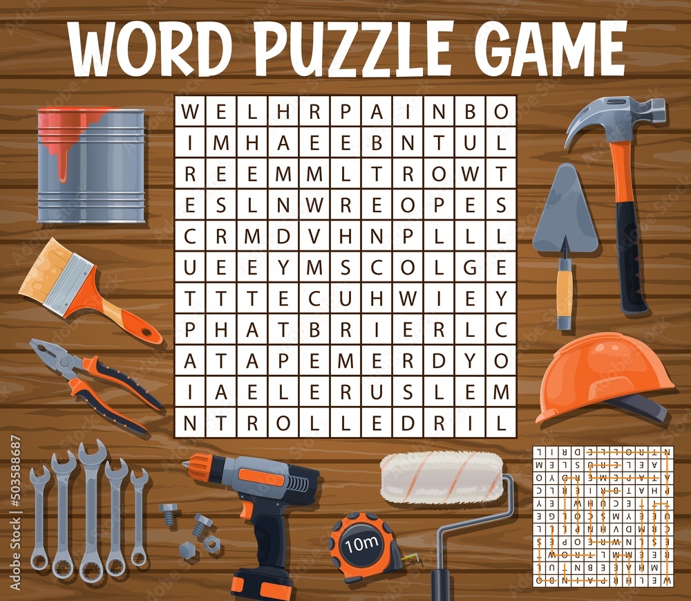 Aufkleber builder tools, word search puzzle quiz game worksheet vector grid. word search game to find words of
