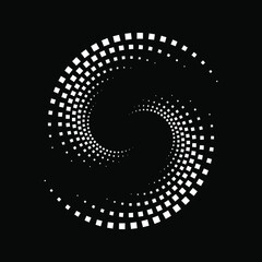 White halftone square dots in spiral form. Geometric art. Trendy design element for frame, logo, tattoo, sign, symbol, web, prints, posters, template, pattern and abstract background 