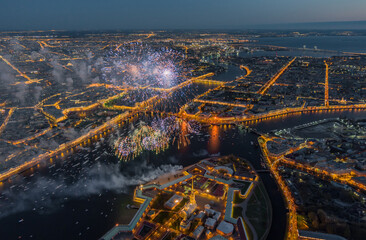 Festive salute over the Peter and Paul Fortress in a significant Victory Day for the country on May 9, improbable quantity of ships observes a show, an eternal flame of memory burns on rostral colons