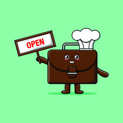 Cute cartoon suitcase character holding open sign designs in concept 3d cartoon style