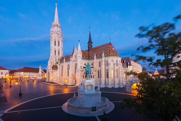View of Matthias Church on Fisherman Bastion Square in twilight, Budapest, Hungary