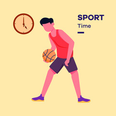 Fototapeta na wymiar Young boy is playing basketball at 5 pm. sport time. Activity time vector illustration.