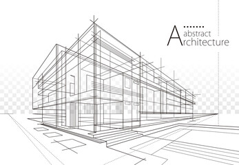 3D illustration Imagination architecture building construction perspective design,abstract modern urban building out-line black and white drawing. - obrazy, fototapety, plakaty