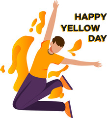 Happy young boy jumping and rise hands. Happy yellow day. Colored flat graphic vector illustration isolated.