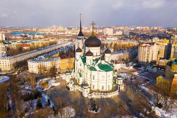 Fototapeta na wymiar Aerial view of the Annunciation Cathedral and residential areas in the city center in winter in Voronezh, Russia