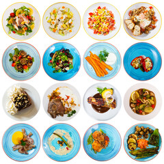 Collage of different dishes on round plates. High quality photo