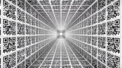 QR CODE tunnel background. Camera goes through a tunnel made of QR codes, ending in white. Imprisoned by control of modern society. - Powered by Adobe