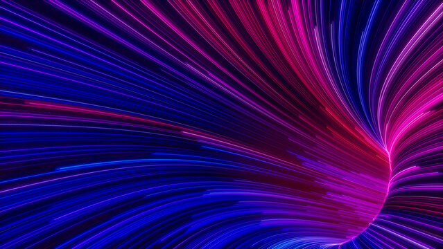 Purple, Blue and Pink Colored Stripes form Wavy Lines Tunnel. 3D Render.