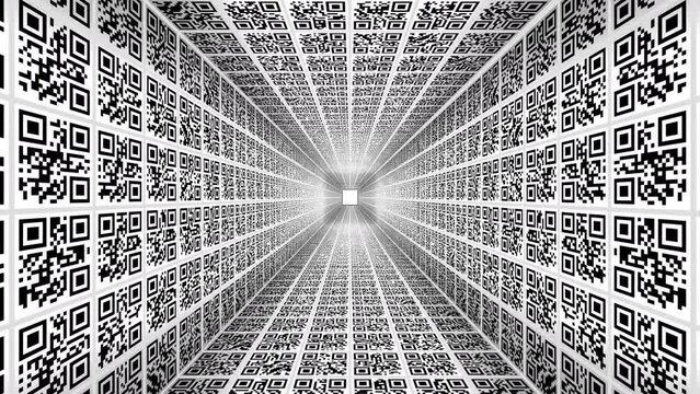 QR CODE tunnel background. Camera goes through a tunnel made of QR codes, ending in white. Imprisoned by control of modern society.