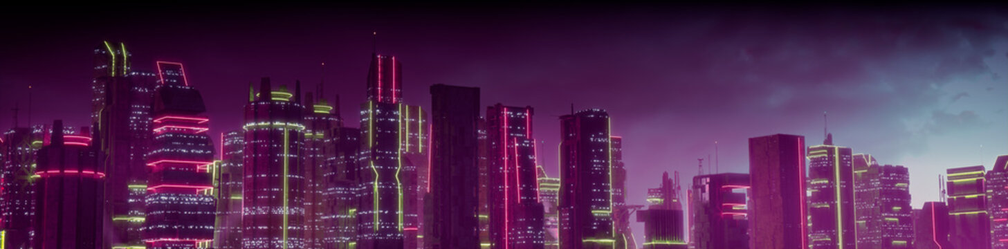 Cyberpunk Cityscape with Pink and Yellow Neon lights. Night scene with Futuristic Superstructures.
