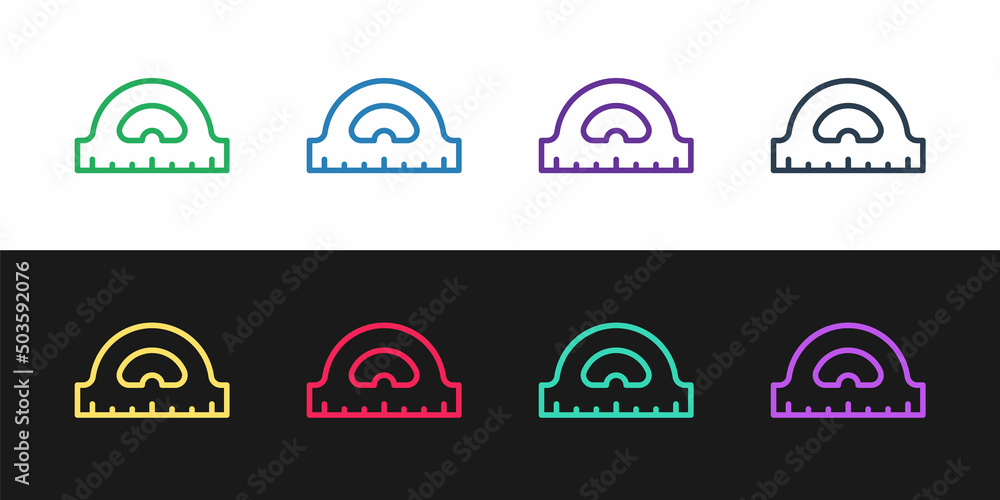 Poster set line protractor grid for measuring degrees icon isolated on black and white background. tilt ang