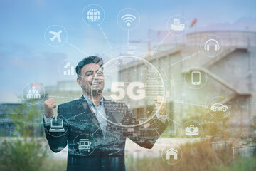 businessman touching screen. businessman pressing button. Asia male positive energy pose on network background.