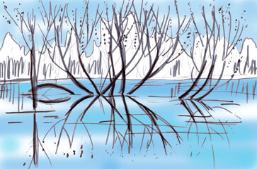 Fototapeta premium spring trees and bushes, reflections in the water, graphic drawing