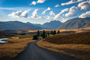 Asphalt road through the fields to the mountains, New Zealand