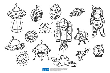 Space doodle icon illustration set. Cosmos Hand drawn Vector