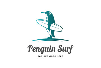Simple Standing Penguin Mascot Character Cartoon hold Surf Board for Beach Surf Sport Club Competition Logo Design Vector