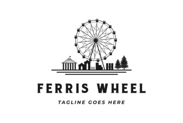 Vintage Retro Ferris Wheel with Fun Circus Park Logo Design Vector - obrazy, fototapety, plakaty