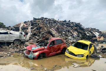 Broken car in a junkyard, car scrap, crushed corroded old automobiles stacked in scrapyard in puddle