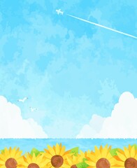 綺麗な夏の海とひまわりの風景イラスト