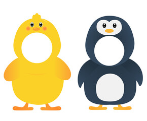 The cute memo of chicks and penguin animal faces and bodies illustration set. Name tag, paper, kid, memo, sticker. Vector drawing. Hand drawn style.