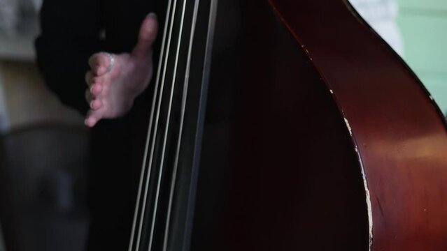 Concert view of contrabass violoncello player with vocalist and musical band during jazz orchestra band performing music, violoncellist cello jazz player on stage
