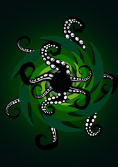 Portal illustration with black tentacles on a green gradient background