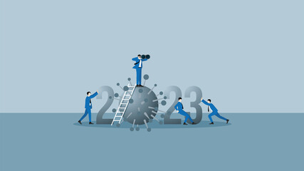 Business outlook vision concept in year 2023. Visionary businessman leader use binoculars to forecast business opportunity. On top of ladder above the year 2023 number and virus, COVID-19 coronavirus.