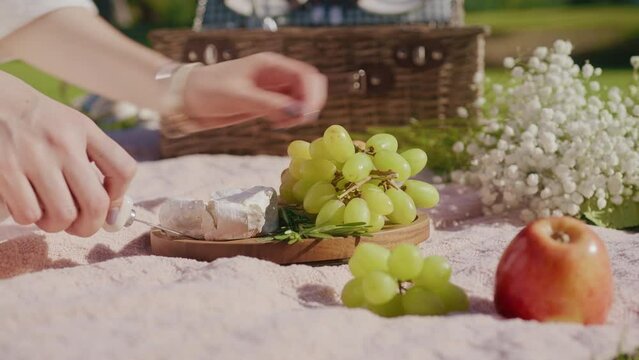 RED camera slow motion commercial footage woman on summer picnic. Closeup female hand taking slice of camembert cheese. Dairy product selection of french cheese on fruits board. Video series 4 of 6