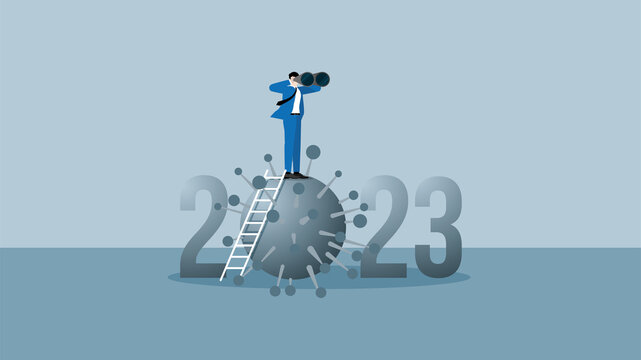 Business outlook vision concept in year 2023. Visionary businessman leader use binoculars to forecast business opportunity. On top of ladder above the year 2023 number and virus, COVID-19 coronavirus.