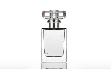 30-50 ml. Perfume container, clear glass sprayer dispenser bottle. Nice geometric clear plastic cover style. straight front view.  
