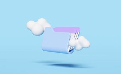 3d folder icon with cloud isolated on blue background. storage download, data transfering, datacenter connection network, minimal concept, 3d render illustration