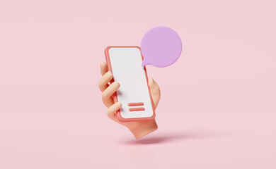 3d social media with hand holding mobile phone, smartphone, chat bubbles icons isolated on pink background. online social, communication applications, minimal template concept, 3d render illustration