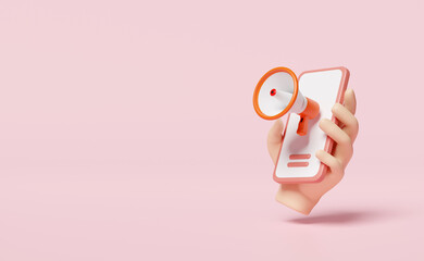 3d hand holding mobile phone, orange smartphone with megaphone, hand speaker isolated on pink background. online shopping template concept, 3d render illustration