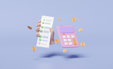 3d hand holding bill receipt paper with dollar money coins, calculator isolated on blue background. invoice, electronic bill, minimal concept, 3d render illustration - obrazy, fototapety, plakaty