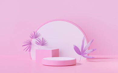 3d pink cylinder stage podium empty with cube, palm leaf, abstract geometric cosmetic showcase pedestal pink background. minimal modern scene, 3d render illustration